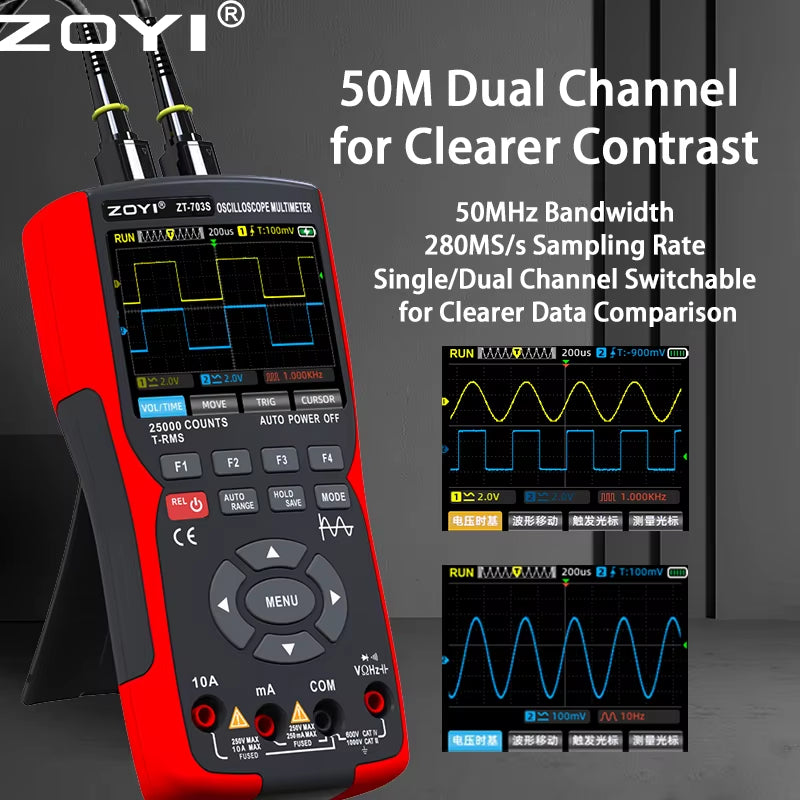 ZT-703S Upgrade 50Mhz Handheld Digital Oscilloscope Multimeter Signal Generator 3 in 1 Dual Channel Automotive Tools