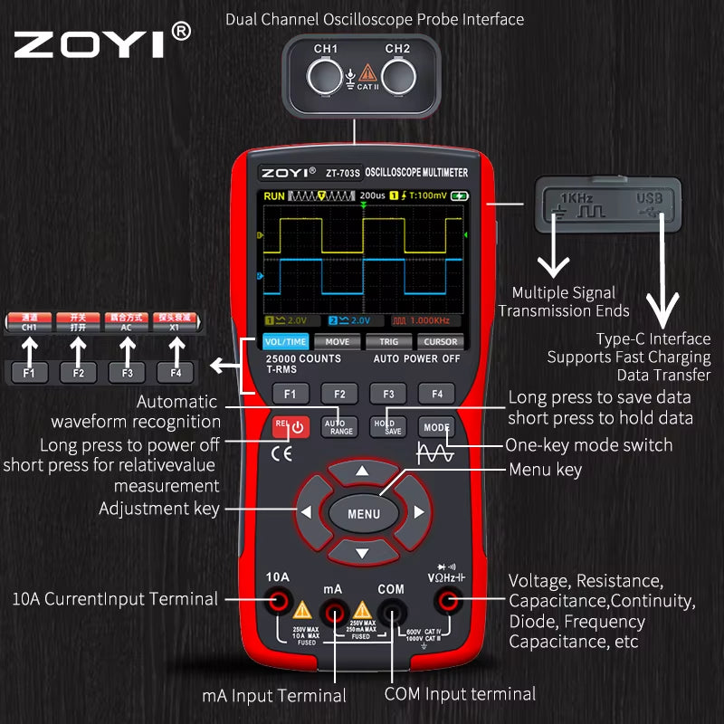 ZT-703S Upgrade 50Mhz Handheld Digital Oscilloscope Multimeter Signal Generator 3 in 1 Dual Channel Automotive Tools
