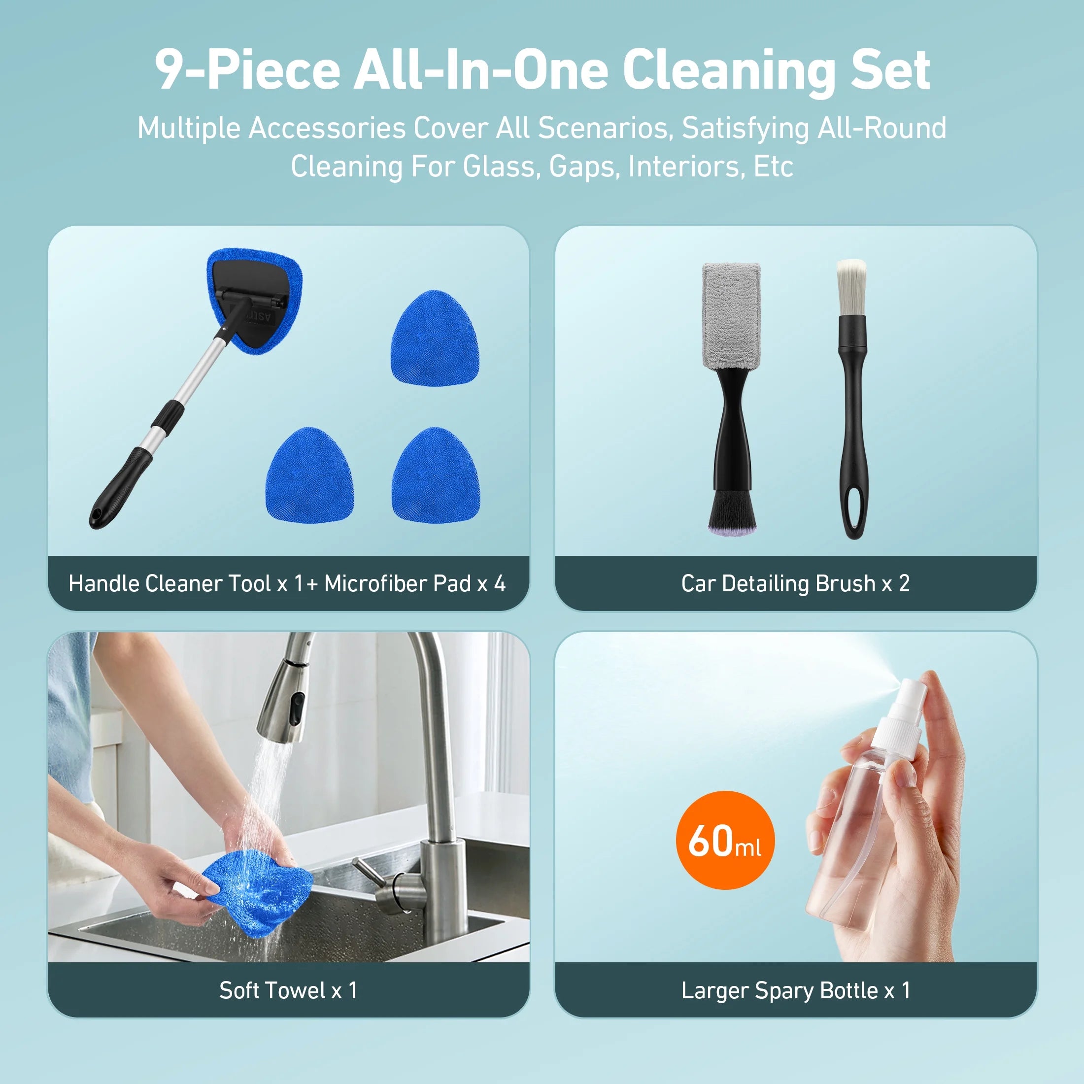 Car Wash Kit Windshield Cleaning Tool, 9PCS Car Detailing Brush Set, for Wheel, Dashboard, Air Vent, Leather and Exterior, Complete Car Care Tools