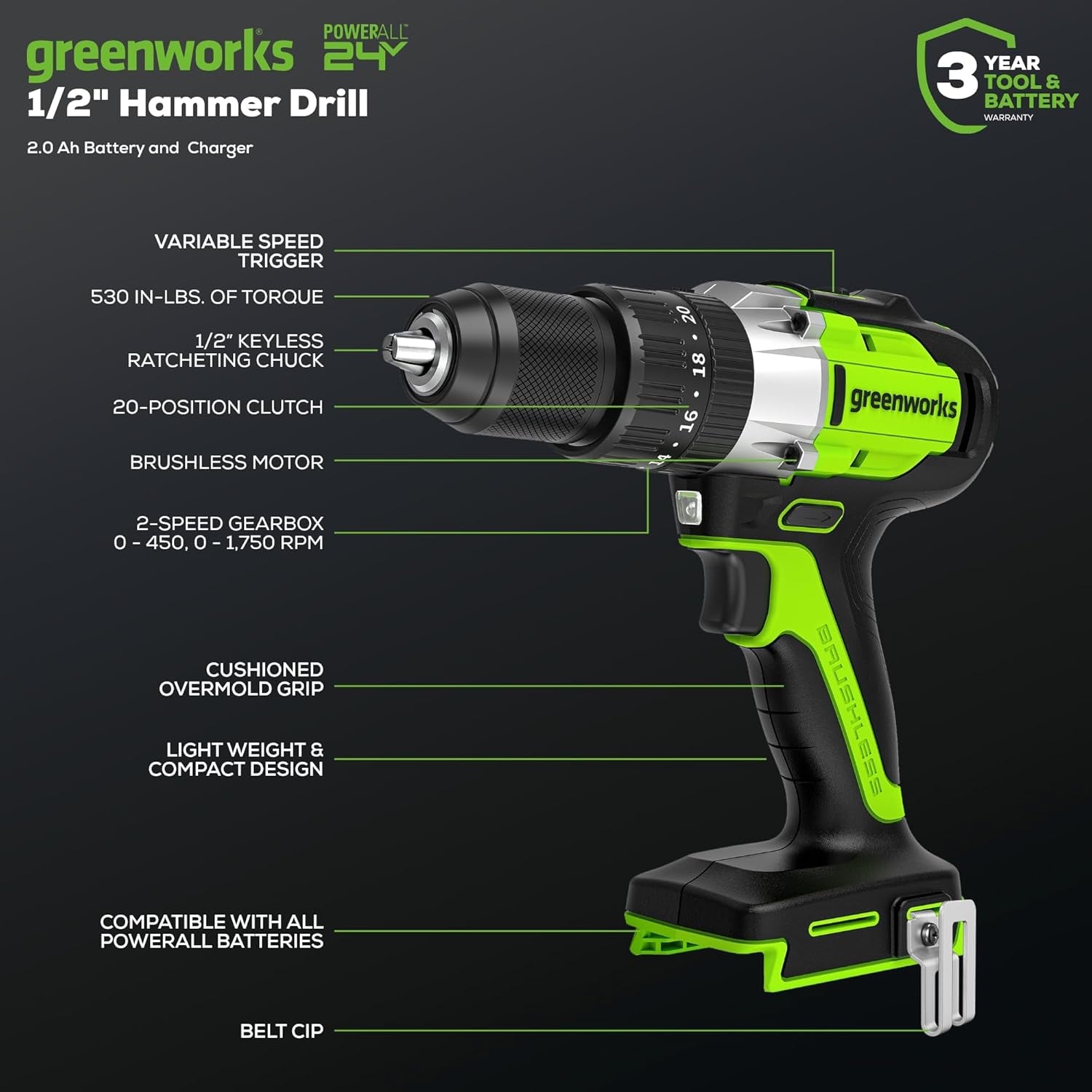 24V Brushless 1/2" Hammer Drill (530 In-Lbs.) 2.0Ah Battery and Charger Included, DDG402